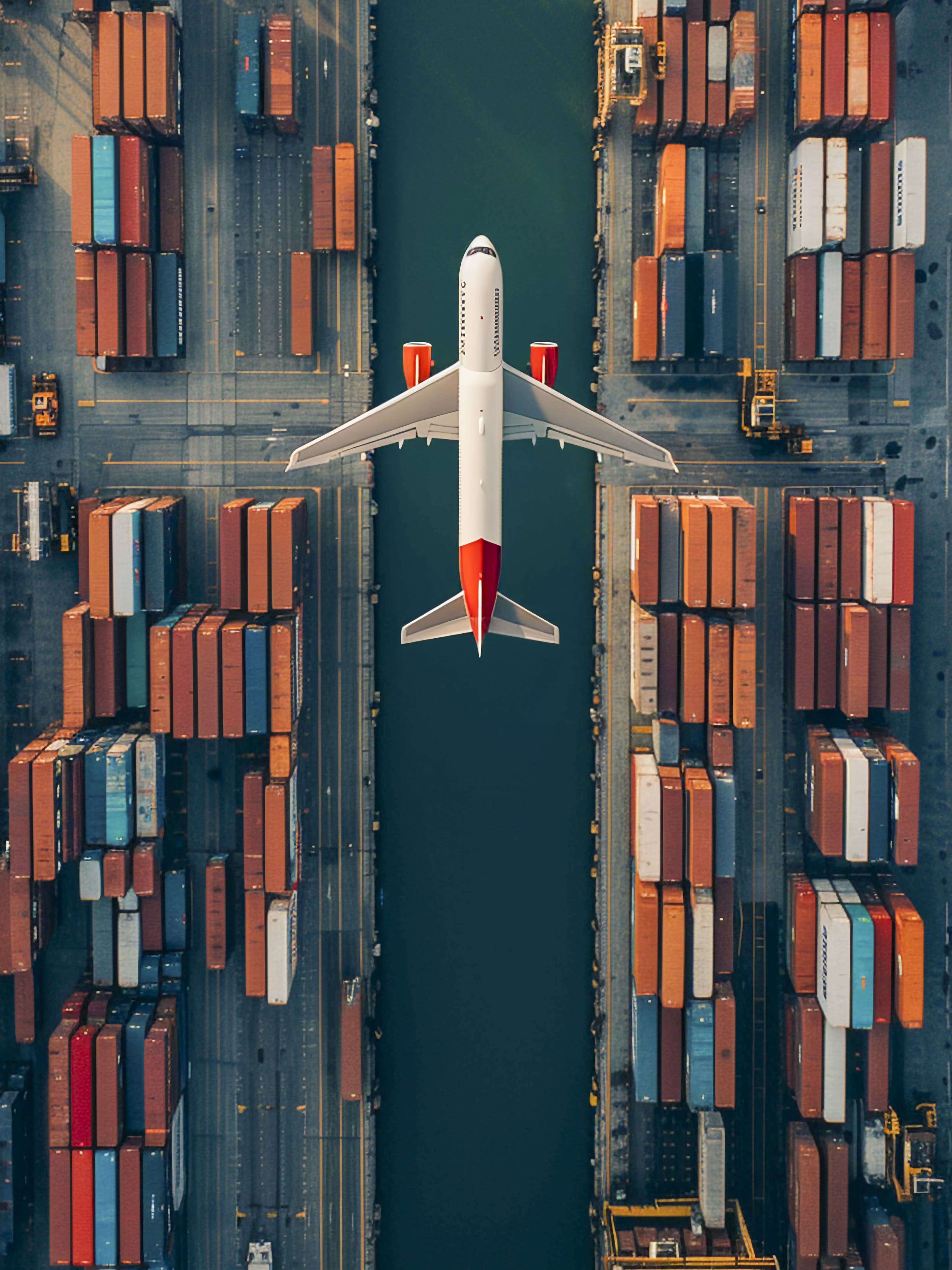 Aircraft flying over stacked shipping containers at a port